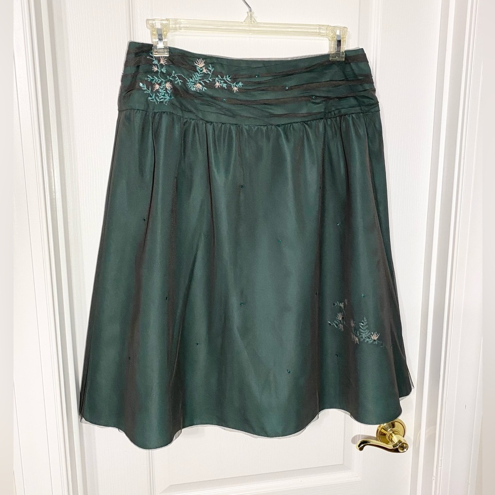 Intuitions Sequin Floral Embroidered Tulle & Satin Drop Waist Skirt Green Sz 12